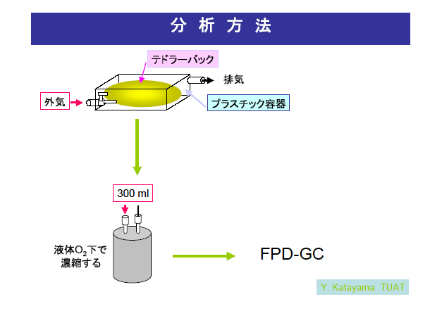 分析方法：テドラーバッグ：液体酸素下で濃縮する：FPD-GC